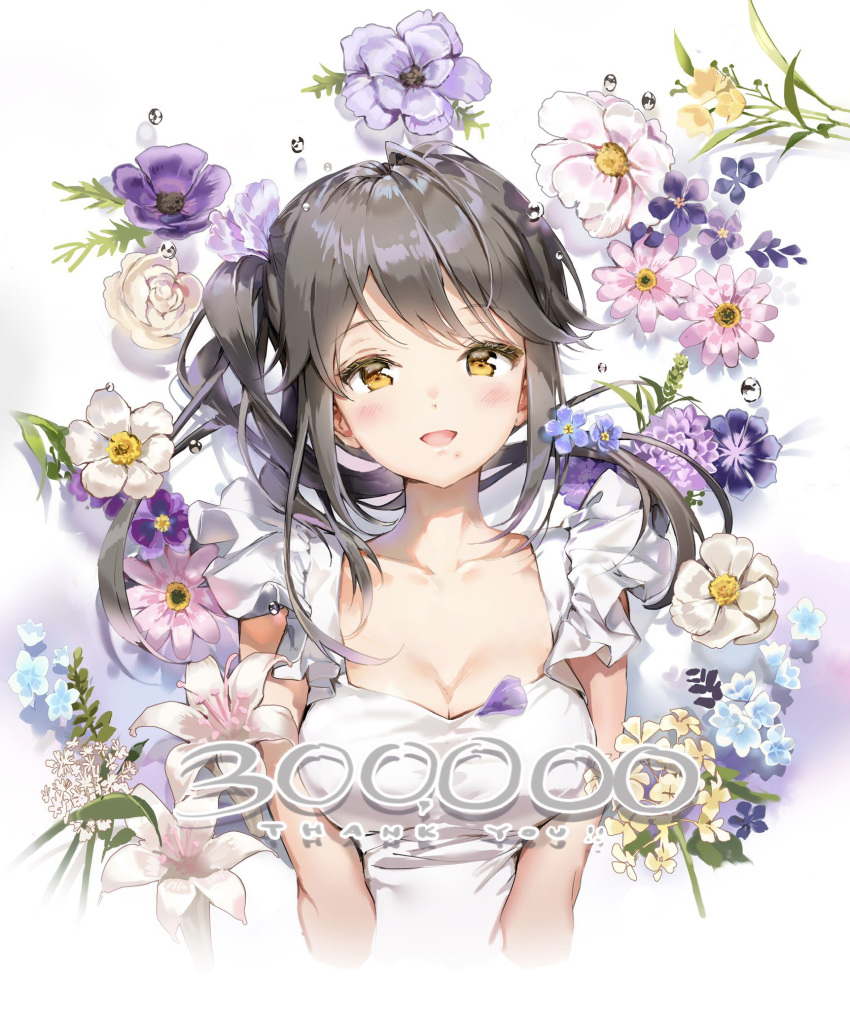 :d anemone_(flower) anmi black_hair blue_flower breasts brown_eyes cleavage collarbone commentary_request cropped_torso dahlia daisy dress female floral_background flower forget-me-not_(flower) highres leaf lily_(flower) long_hair medium_breasts open_mouth original pink_flower purple_flower rapeseed_blossoms rose side_ponytail sidelocks smile solo square_neckline upper_body white_dress white_flower white_rose yellow_flower