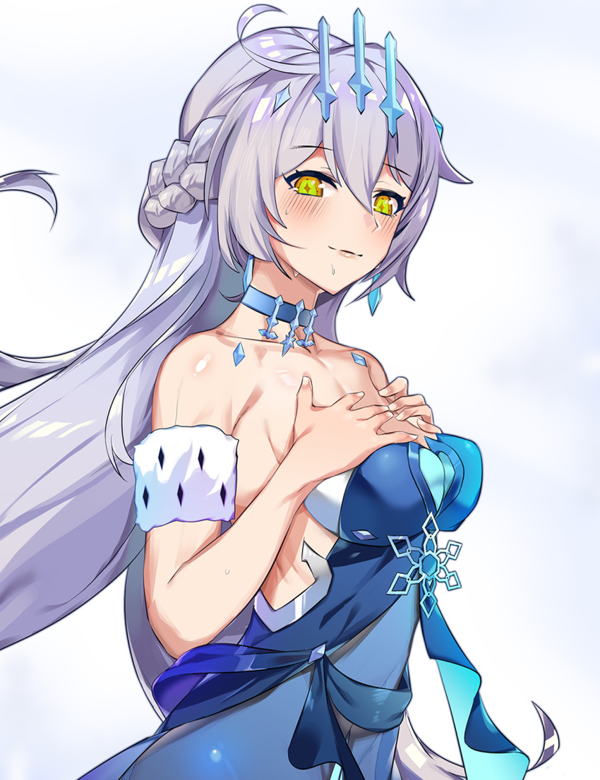 ahoge alternate_costume bad_id bad_pixiv_id bare_shoulders blue_dress blush braid breasts choker diamond-shaped_pupils diamond_(shape) dress female french_braid gimnang grey_hair hair_between_eyes hands_on_own_chest highres honkai_(series) honkai_impact_3rd kiana_kaslana kiana_kaslana_(herrscher_of_the_void) long_hair looking_at_viewer medium_breasts naughty_face ribs shiny_skin smile snowflake_ornament solo strapless strapless_dress sweat symbol-shaped_pupils very_long_hair yellow_eyes