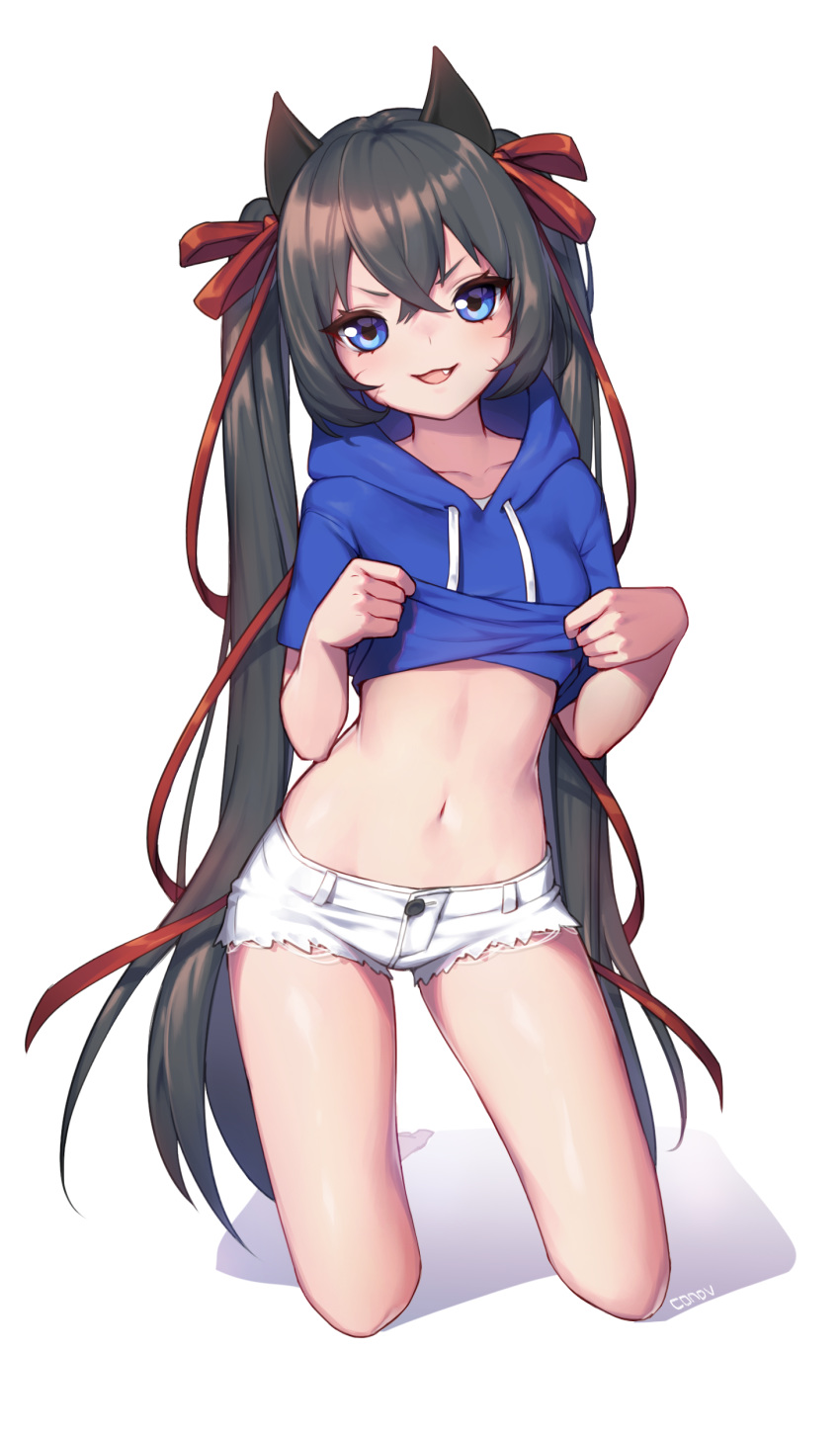 :3 absurdres animal_ears barefoot black_hair blue_dress blue_hoodie cat_ears clothes_lift collarbone commentary_request contrapposto crossed_bangs cutoffs dress facial_mark female hair_between_eyes hair_ribbon highres hood hoodie hoodie_lift kneeling konbu_(hida123) konyan_(konbu) lifting_own_clothes long_hair looking_at_viewer navel oerba_yun_fang open_mouth original red_ribbon ribbon short_shorts short_sleeves shorts simple_background smile smirk solo stomach twintails undressing very_long_hair whisker_markings white_background white_shorts