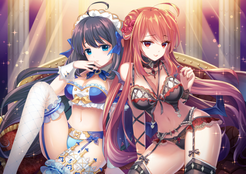 2girls ahoge ass bad_id bad_pixiv_id black_bra black_hair black_legwear black_panties black_ribbon blue_bow blue_bowtie blue_bra blue_eyes blue_panties blush bow bowtie bra breasts choker cleavage closed_mouth couch detached_collar erze_(king's_raid) flower frilled_bra frills garter_belt hair_flower hair_ornament hand_up headdress karen_(navy_42) king's_raid knee_up large_breasts light_rays lingerie long_hair looking_at_viewer midriff mirianne_(king's_raid) multiple_girls nail_polish navel panties parted_lips red_eyes red_flower red_hair red_nails ribbon rose side-by-side sitting sparkle stomach thighhighs underwear very_long_hair white_legwear wrist_cuffs