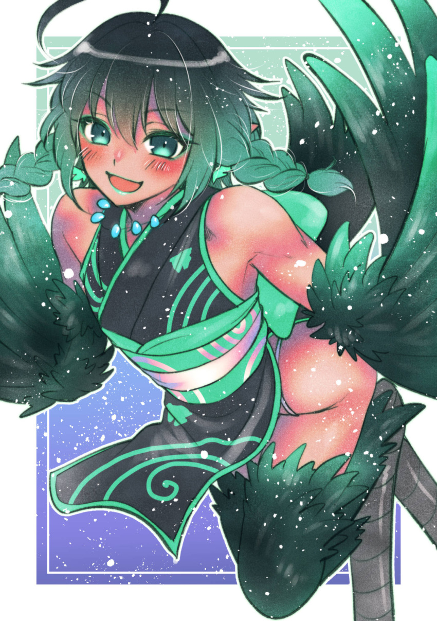 1boy animal_feet ao_(yashuring) bird_legs bird_wings black_kimono blue_background braid commentary_request commission eyeshadow feathered_wings feet_out_of_frame gradient_background green_background green_eyes green_eyeshadow green_hair green_lips green_wings harpy_boy highres japanese_clothes jewelry kimono long_hair looking_at_viewer makeup male_focus monster_boy necklace obi obiage obijime open_mouth original otoko_no_ko pelvic_curtain pointy_ears sash skeb_commission twin_braids winged_arms wings