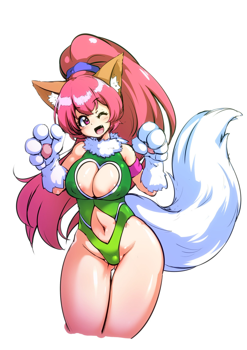 :d absurdres animal_ears animal_hands blush breasts cat_ears cat_tail cleavage cleavage_cutout clothing_cutout female gloves highres large_breasts leotard long_hair looking_at_viewer navel one_eye_closed open_mouth perisie_(star_ocean) pink_hair ponytail red_eyes ryoi simple_background smile solo star_ocean star_ocean_first_departure tail white_background