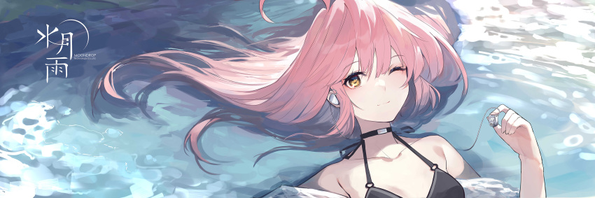 ;) absurdres afloat black_shirt closed_mouth collarbone copyright_name female hair_between_eyes halter_shirt halterneck highres holding in-ear_earphones long_hair looking_at_viewer moondrop official_art one_eye_closed pink_hair shirt sidelocks single_earphone_removed sleeveless sleeveless_shirt smile solo water yellow_eyes