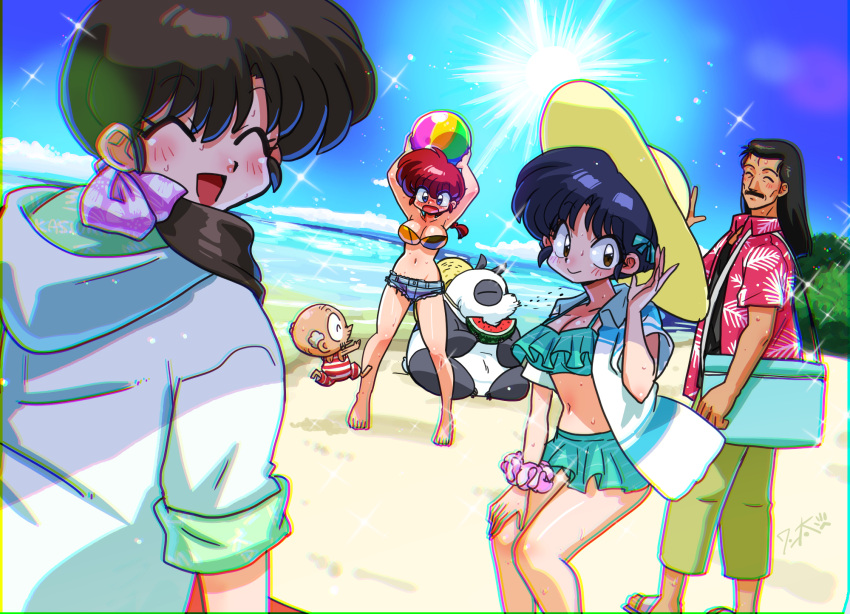 1other 2boys 3girls :d animal_ears aqua_bag aqua_bikini arm_up arms_up bald ball bare_legs barefoot beach beachball bikini black_hair black_shirt blue_eyes blue_sky blush bow braid braided_ponytail breasts brown_eyes brown_hair closed_eyes cloud cutoffs denim denim_shorts eating facial_hair floral_print food frilled_bikini frills fruit green_shorts hairbow hand_on_own_thigh happosai hat hawaiian_shirt highres holding holding_ball holding_watermelon hood hoodie horizontal-striped_swimwear long_hair looking_at_viewer medium_breasts moustache multiple_boys multiple_girls navel ocean old old-fashioned_swimsuit old_man open_mouth palm_leaf panda panda_ears panda_tail pink_bow pink_footwear pink_scrunchie posing ranma-chan ranma_1/2 red_hair red_shirt rule_63 sandals saotome_genma saotome_genma_(panda) saotome_ranma scrunchie shirt short_shorts shorts signature sky smile sparkle spitting straw_hat striped_male_swimwear sun sunlight swimsuit tendou_akane tendou_kasumi tendou_souun tree two-tone_bikini two-tone_shirt wanta_(futoshi) watermelon watermelon_seeds watermelon_slice waving white_hair white_hoodie wrist_scrunchie yellow_hat