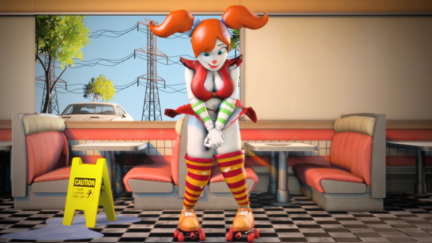 3d 3d_(artwork) animatronic baby_(fnafsl) big_breasts blue_eyes bow circus_baby circus_baby_(fnaf) dinner five_nights_at_freddy's jailbait_knight red_hair roller_skates sfm source_filmmaker twintails