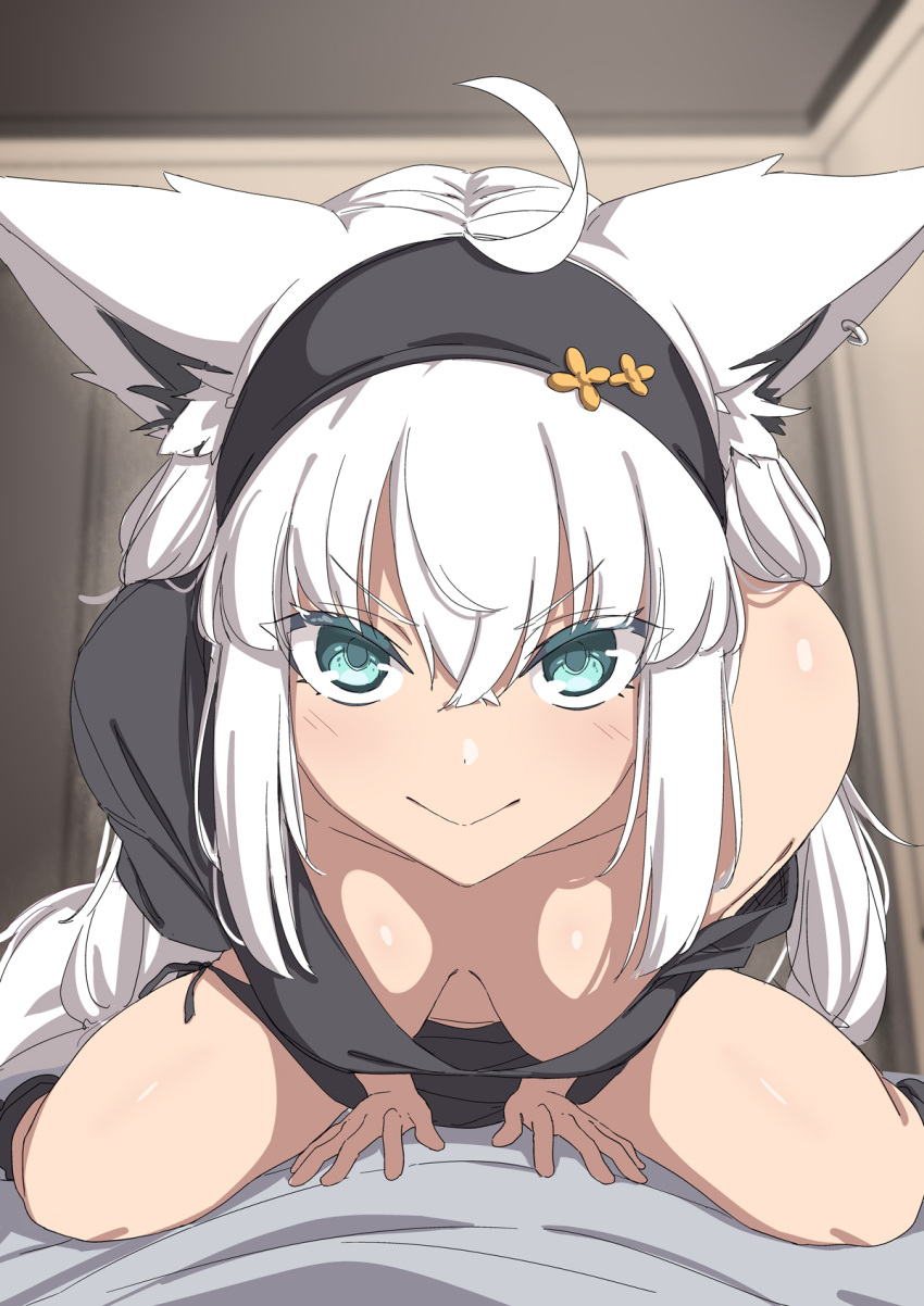 :> ahoge animal_ear_fluff animal_ear_piercing animal_ears aqua_eyes between_legs black_hairband black_shirt black_socks breasts cleavage close-up closed_mouth collarbone commentary cowgirl_position crossed_bangs downblouse extended_downblouse female fox_ears fox_girl fox_tail good_morning good_morning_my_brother!_(meme) hair_between_eyes hairband hand_between_legs highres hip_vent hololive indoors kanachirou large_breasts leaning_forward long_hair low_twintails meme no_bra no_pants official_alternate_costume open_mouth pov scene_reference shirakami_fubuki shirakami_fubuki_(loungewear) shirt single_bare_shoulder single_off_shoulder sitting sitting_on_person smile socks straddling t-shirt tail twintails v-shaped_eyebrows very_long_hair virtual_youtuber white_hair