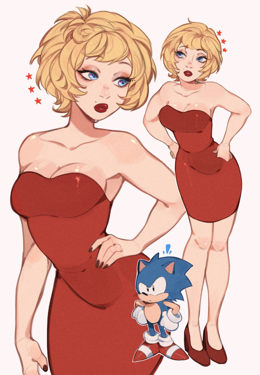 1boy bare_shoulders blonde_hair blue_eyes blue_fur bodycon breasts cleavage commentary dress english_commentary female furry furry_male hand_on_own_hip hands_on_own_hips hedgehog high_heels highres kamii_momoru leaning_forward madonna_(sonic) mole mole_above_mouth multiple_views notice_lines red_dress red_footwear red_lips short_dress short_hair simple_background sleeveless sleeveless_dress sonic_(series) sonic_the_hedgehog star_(symbol) white_background