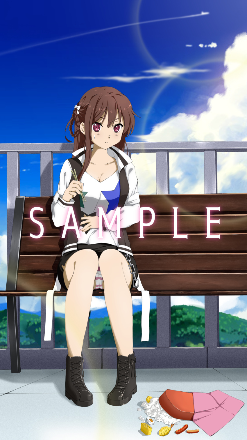 22/7 bench bento black_footwear black_skirt bow braid breasts brown_hair chopsticks cleavage closed_mouth cloud collarbone contrail cumulonimbus_cloud female fence food furoshiki hair_rings hairbow highres holding holding_chopsticks jacket lens_flare long_hair looking_at_viewer miniskirt morinomiya_ruri mountain multicolored_clothes multicolored_jacket omelet on_bench outdoors panties pencil_skirt pink_panties purple_eyes rice sample_watermark shirt shrimp shrimp_tempura sitting skirt solo star_(symbol) star_print striped_clothes striped_panties sweatdrop tachikawa_ayaka tamagoyaki tempura twin_braids underwear watermark white_bow white_shirt wooden_bench