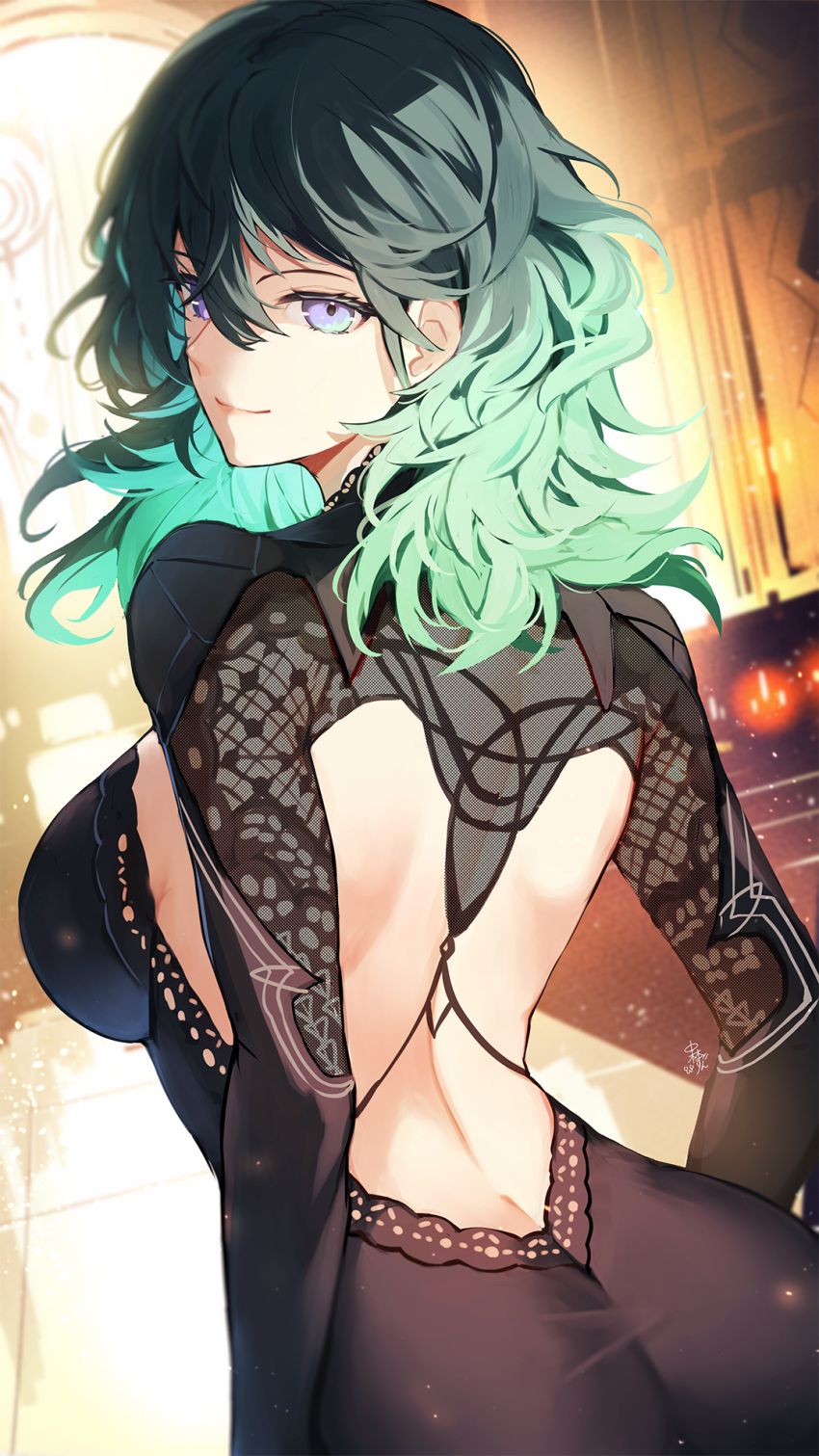 alternate_costume ass back backless_dress backless_outfit black_dress blue_hair breasts butt_crack byleth_(female)_(fire_emblem) byleth_(fire_emblem) closed_mouth commentary_request dress female fire_emblem fire_emblem:_three_houses formal from_behind hair_between_eyes highres indoors large_breasts long_hair looking_at_viewer looking_back nakabayashi_zun purple_eyes signature smile solo