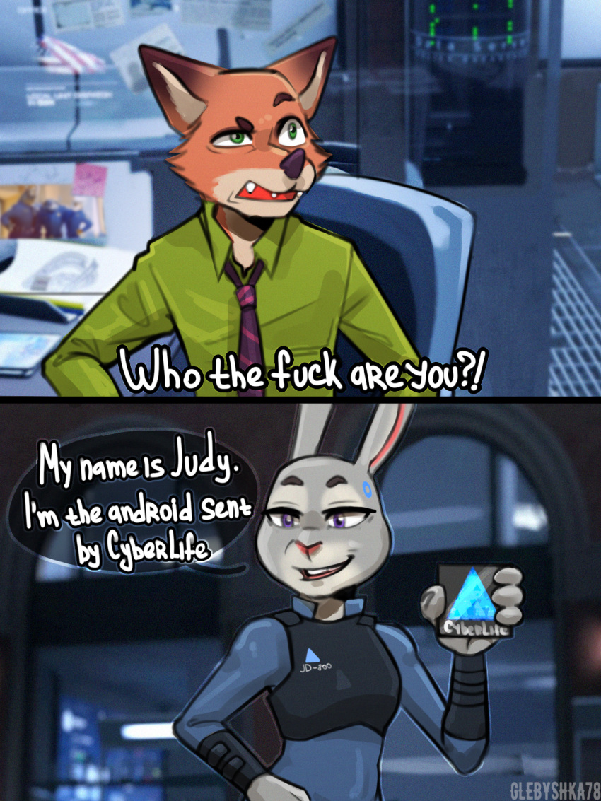 2024 android anthro black_nose bulletproof_vest canid canine clothed clothed_anthro clothed_female clothed_male clothing crossover detroit:_become_human dialogue disney dress_shirt duo english_text female fox fur glebyshka78 grey_body grey_fur hi_res judy_hopps lagomorph leporid machine male mammal necktie nick_wilde pink_nose police police_officer profanity rabbit red_body red_fur robot shirt sitting speech_bubble text topwear zootopia