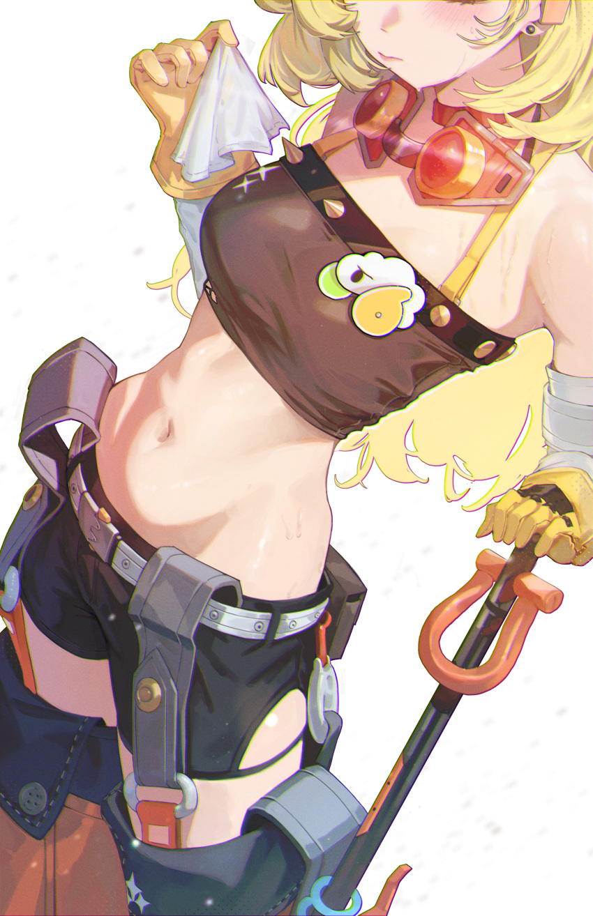 absurdres black_shorts blonde_hair blush breasts chromatic_aberration closed_mouth cowboy_shot earrings female gloves highres jaihu jewelry long_hair medium_breasts navel piper_wheel shorts simple_background solo standing sweatdrop white_background yellow_gloves zenless_zone_zero