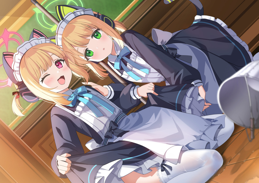 2girls animal_ear_headphones animal_ears apron black_dress blonde_hair blue_archive blue_bow bow bucket collared_dress commentary_request dress dutch_angle fake_animal_ears frilled_apron frilled_dress frills green_eyes hair_ribbon halo headphones kurot long_sleeves maid maid_apron maid_headdress midori_(blue_archive) midori_(maid)_(blue_archive) momoi_(blue_archive) momoi_(maid)_(blue_archive) multiple_girls on_floor puffy_long_sleeves puffy_sleeves purple_eyes red_ribbon ribbon siblings sisters spill tail thighhighs twins twintails wet_thighhighs white_apron white_thighhighs wooden_floor