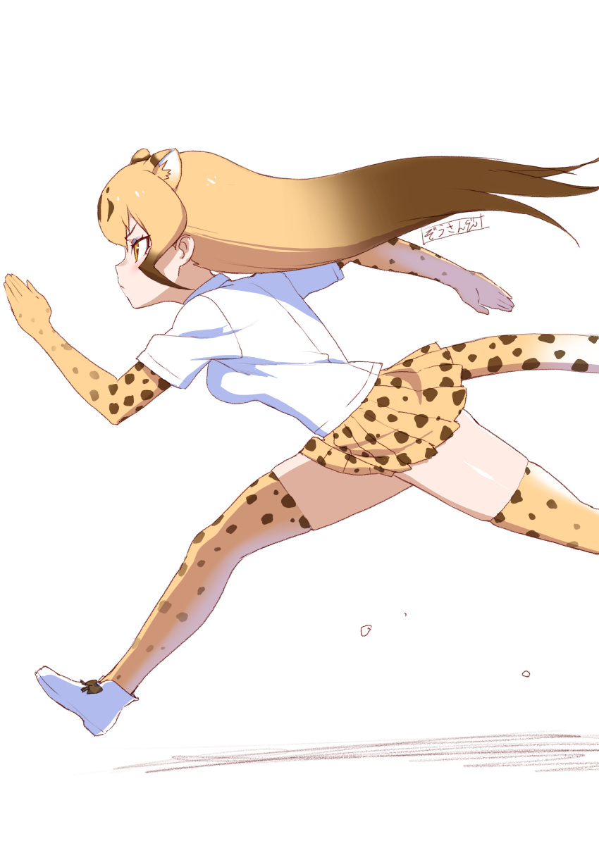 absurdres animal_ear_fluff animal_ears blonde_hair breasts brown_eyes cheetah_(kemono_friends) cheetah_ears cheetah_girl cheetah_print cheetah_tail commentary elbow_gloves extra_ears female from_side gloves gradient_hair highres kemono_friends long_hair masuyama_ryou medium_breasts multicolored_hair pleated_skirt print_gloves print_skirt print_thighhighs profile running shirt shoes short_sleeves simple_background skirt solo tail thighhighs white_background white_footwear white_shirt yellow_eyes yellow_gloves yellow_skirt yellow_thighhighs zettai_ryouiki