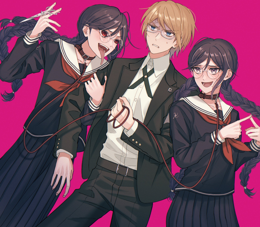 absurdres anger_vein annoyed black_jacket black_pants blonde_hair blue_eyes blush braid collar danganronpa:_trigger_happy_havoc danganronpa_(series) dress_shirt dual_persona fukawa_toko furrowed_brow ganruo_(iwashi_1023) genocider_shou glasses grey-framed_eyewear hair_between_eyes highres holding holding_another's_arm holding_leash holding_scissors jacket leash long_hair neckerchief pants pink_background pleated_skirt red_neckerchief round_eyewear sailor_collar school_uniform scissors serafuku shirt shirt_tucked_in simple_background skirt sweat togami_byakuya tongue tongue_out twiddling_fingers twin_braids white_sailor_collar white_shirt