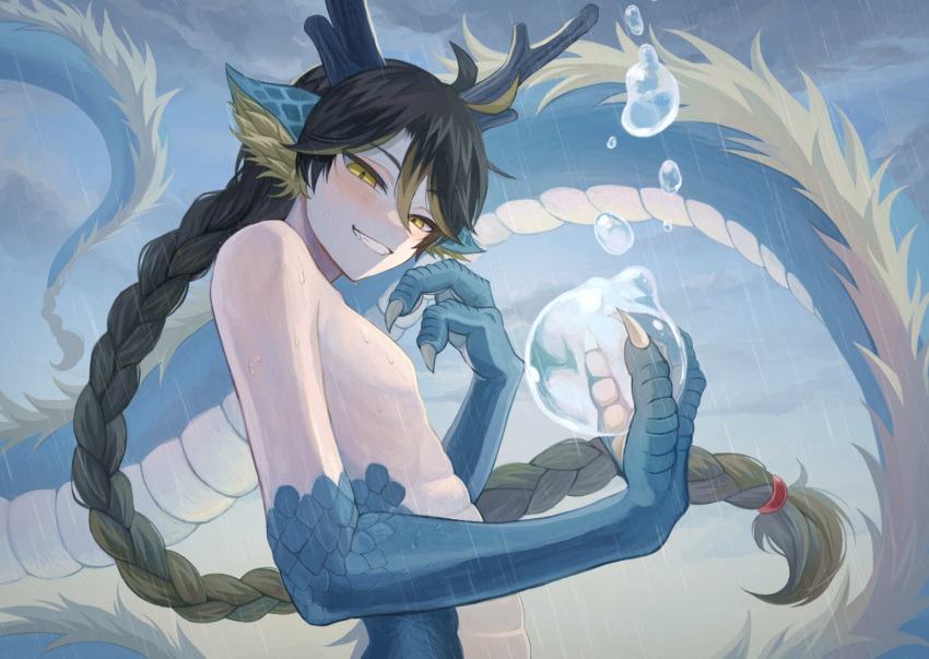 1boy animal_ear_fluff animal_hands bifuteki_(bi_futeki) black_hair braid braided_ponytail braided_tail claws commentary_request dragon_boy dragon_ears eastern_dragon_horns eastern_dragon_tail grin long_hair looking_at_viewer male_focus monster_boy original otoko_no_ko outdoors rain smile upper_body very_long_hair very_long_tail water water_orb yellow_eyes