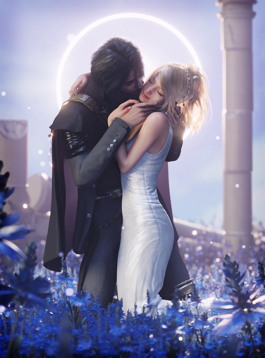 1boy 1girls 3d black_hair blender blonde_hair blue_flower canon_couple closed_eyes couple dress embrace facial_hair female final_fantasy final_fantasy_xv flower flower_field flowers fully_clothed happy highres kissing kissing_cheek kneeling love lunafreya_nox_fleuret male male/female medium_hair noctis_lucis_caelum outdoors ria-neearts sfw smile square_enix straight tears_of_joy white_dress