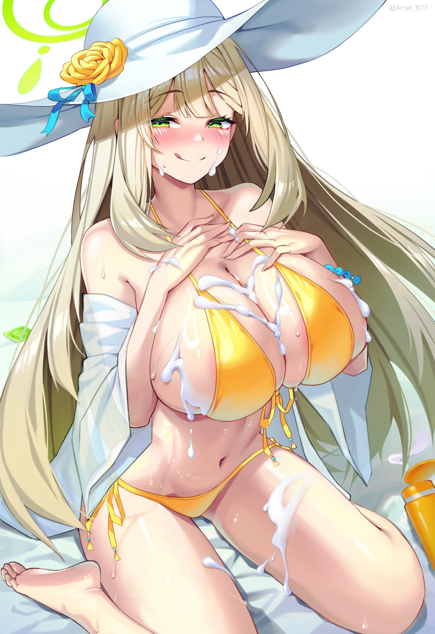 :q absurdres barefoot bikini blue_archive blush breasts brown_hair cleavage closed_mouth commentary_request condom condom_wrapper female fingernails flower flower_hat green_halo halo hands_on_own_chest hat highres huge_breasts long_hair looking_at_viewer lotion lotion_bottle nonomi_(blue_archive) nonomi_(swimsuit)_(blue_archive) official_alternate_costume painter_j rose sitting smile soles suggestive_fluid swimsuit thighs toes tongue tongue_out twitter_username wariza white_hat yellow_bikini yellow_flower yellow_rose