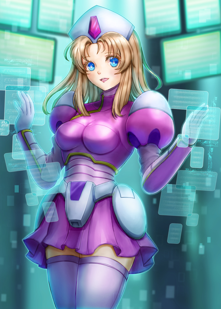 absurdres blonde_hair blue_eyes breasts commission cowboy_shot dress female hat highres holographic_interface kiwakiwa long_hair looking_at_viewer medium_breasts mega_man_(series) mega_man_x2 mega_man_x_(manga) mega_man_x_(series) nurse_cap pink_dress pixiv_commission short_dress silkie_(mega_man) solo thighhighs white_thighhighs