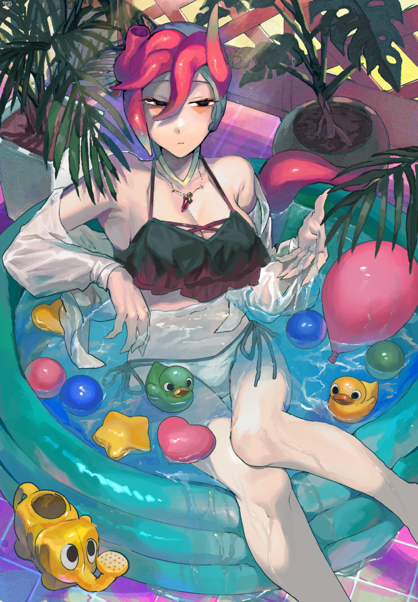 balloon bikini black_bikini black_eyes breasts broken_horn cleavage closed_mouth female highres horns inflatable_duck jewelry large_breasts long_sleeves mismatched_bikini navel necklace open_clothes open_shirt original plant potted_plant red_hair sakoku_(oyatsu3ji_) shin_(sakoku_(oyatsu3ji_)) shirt short_hair side-tie_bikini_bottom sitting solo swimsuit tail tentacle_hair wading_pool watering_can wet wet_clothes wet_shirt white_shirt