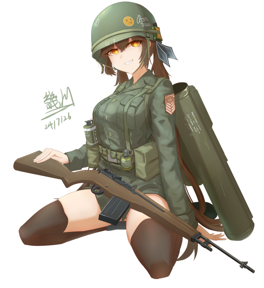 alternate_costume battle_rifle black_thighhighs brown_hair combat_helmet dated english_commentary explosive female full_body girls'_frontline green_jacket grenade griffin_&_kryuger gun hair_between_eyes helmet highres jacket kneeling long_hair m14 m14_(girls'_frontline) m72_law miliki military_jacket military_uniform orange_eyes parted_lips rifle rocket_launcher simple_background sitting smile smoke_grenade solo teeth thighhighs twintails uniform weapon white_background