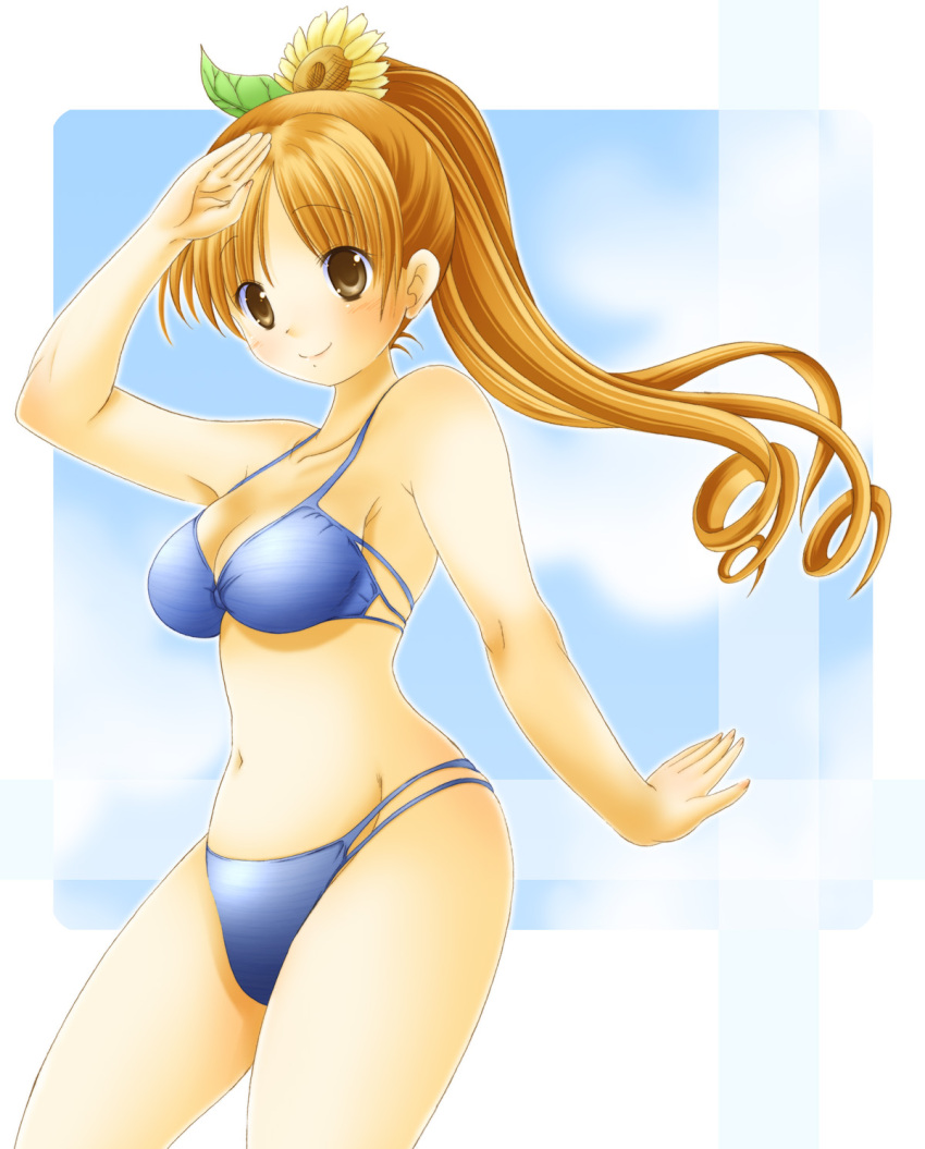 bikini blonde_hair breasts brown_eyes commentary_request female flower highres long_hair medium_breasts nashigami_tsubute original photoshop_(medium) ponytail smile solo sunflower swimsuit