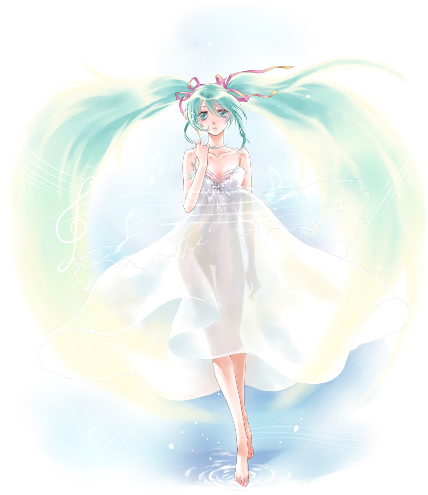 aqua_eyes aqua_hair barefoot commentary_request dress female hair_ribbon hatsune_miku highres long_hair musical_note photoshop_(medium) ribbon satsuki_yuu_(awairo) see-through solo thigh_gap twintails very_long_hair vocaloid