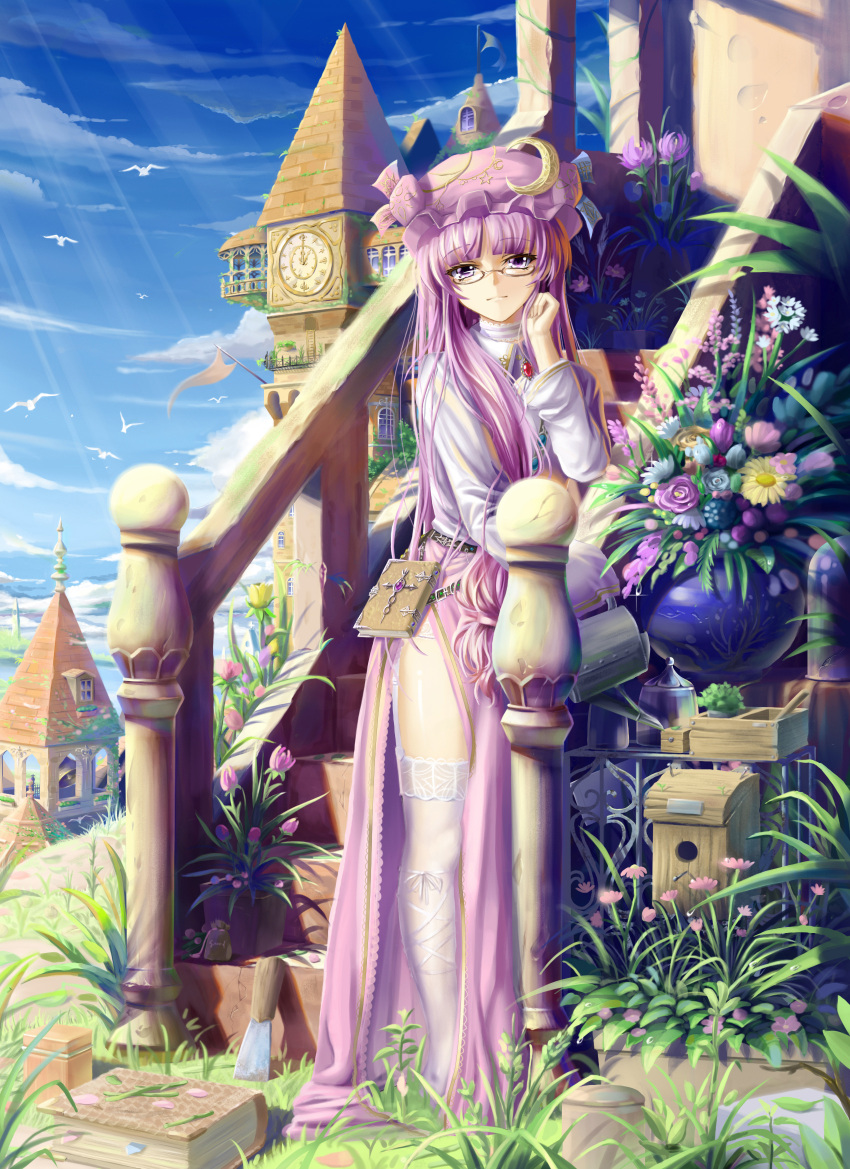 aged_up analog_clock bespectacled bird book clock clock_tower cloud crescent crescent_hat_ornament day female flag flower garter_straps glasses grass hat hat_ornament highres light_rays long_hair mob_cap outdoors patchouli_knowledge photoshop_(medium) purple_eyes purple_hair ribbon saber_01 shiny_skin side_slit sky solo stairs sunbeam sunlight thighhighs touhou tower very_long_hair