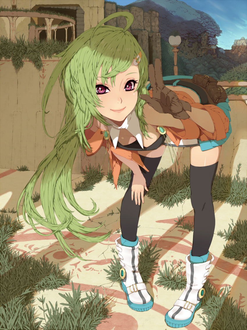 ahoge bad_link bent_over black_thighhighs boots breasts cleavage female green_hair highres legs long_hair medium_breasts nayu original pink_eyes smile solo thighhighs