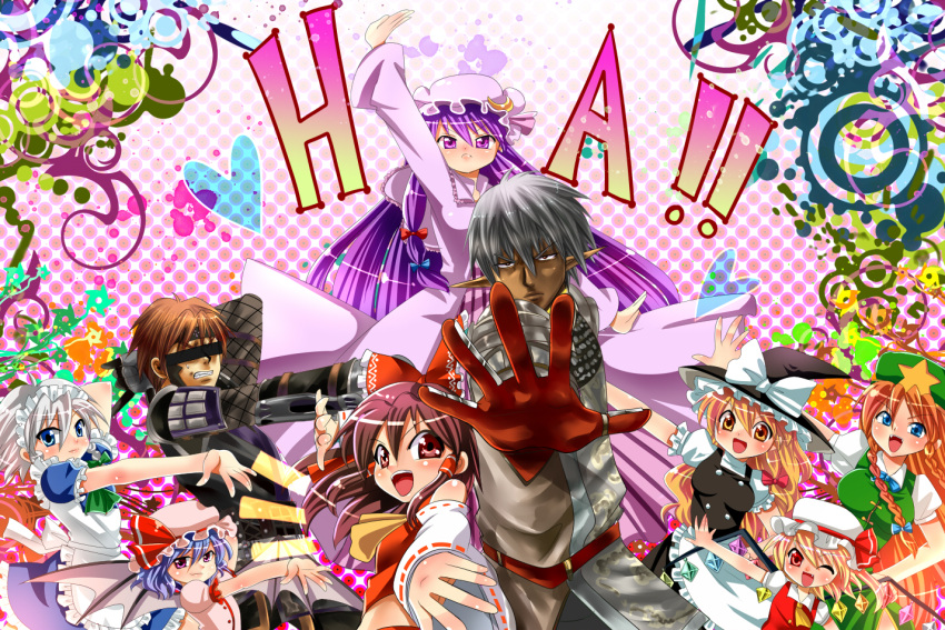 2boys 6+girls armor blindfold blonde_hair blue_eyes blue_hair bow braid brown_eyes brown_hair buront chinese_clothes clenched_teeth commentary_request dark_skin detached_sleeves elf flandre_scarlet gloves grey_hair hairbow hakurei_reimu hat hong_meiling izayoi_sakuya japanese_clothes kirisame_marisa kitanai_ninja long_hair maid maid_headdress miko multiple_boys multiple_girls nagare oerba_yun_fang one_eye_closed open_mouth pajamas patchouli_knowledge pink_eyes pointy_ears purple_eyes purple_hair red_eyes remilia_scarlet sweatdrop teeth the_iron_of_yin_and_yang touhou twin_braids wings witch_hat