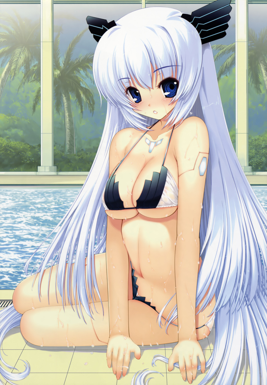 :o absurdres android arm_support bikini blue_eyes blush breasts cleavage dengeki_hime doll_joints duplicate elle_prier female highres image_sample joints large_breasts long_hair moric rafale_nana robot_joints sitting solo swimsuit underboob very_long_hair wet white_hair yandere_sample yokozuwari