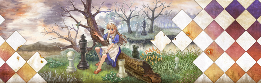 alice_(alice_in_wonderland) alice_in_wonderland bad_id bad_pixiv_id board_game checkered_background chess female hat highres isakawa_megumi solo tree wand