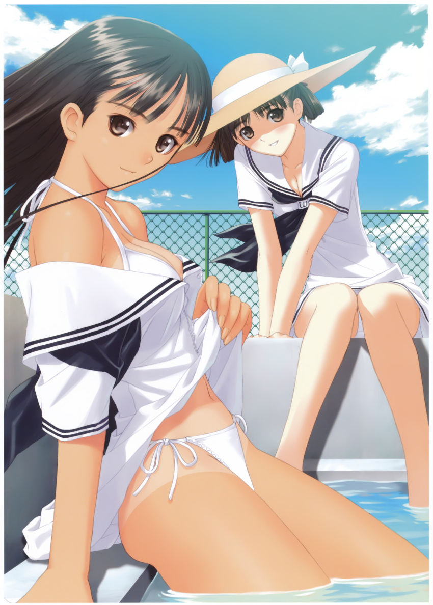 2girls absurdres arm_support bare_shoulders bikini bikini_under_clothes black_hair breasts brown_eyes chain-link_fence cleavage clothes_lift cloud day dress dress_lift fence hat highres legs long_hair long_legs medium_breasts mizushima_asa multiple_girls non-web_source off_shoulder one-piece_tan outdoors photoshop_(medium) pool poolside sailor_dress scan short_hair side-tie_bikini_bottom sitting sky smile soaking_feet sora_no_iro_mizu_no_iro sorayama_natsume straw_hat swimsuit tan tanlines tony_taka twintails water white_bikini