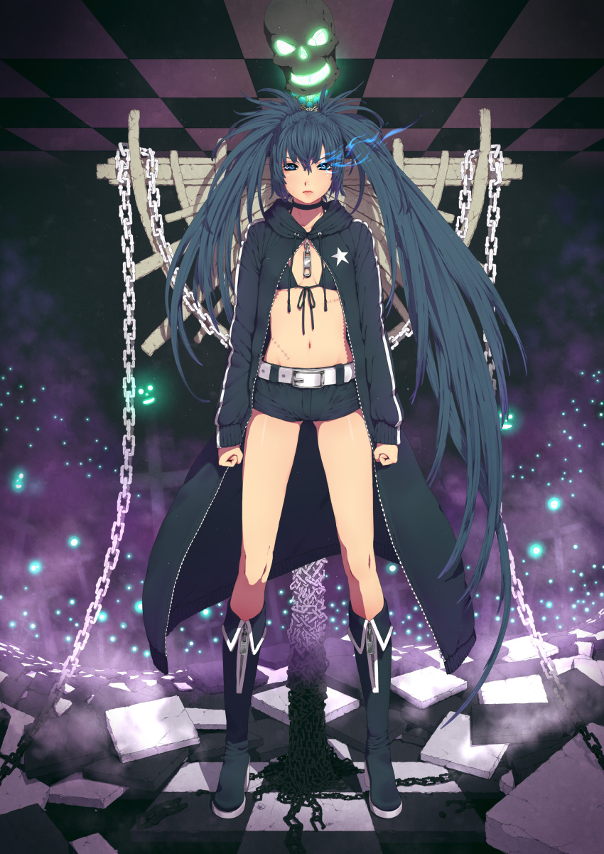 absurdres bad_link belt belt_buckle bikini bikini_top_only black_footwear black_hair black_rock_shooter black_rock_shooter_(character) black_shorts blue_eyes boots buckle chains checkered_floor coat cross female flaming_eye front-tie_bikini_top front-tie_top full_body highres hood hood_down hooded_coat knee_boots lips long_hair looking_at_viewer midriff navel nayu no_shirt scar scar_on_stomach short_shorts shorts skull solo standing stitches stomach swimsuit twintails unzipped very_long_hair zipper zipper_footwear zipper_pull_tab