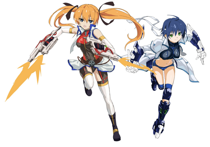 2girls ahoge blue_eyes blue_hair boots commentary_request cross_mirage denim denim_shorts green_eyes highres lyrical_nanoha mahou_shoujo_lyrical_nanoha_strikers makacoon multiple_girls navel orange_hair pile_bunker revolver_knuckle short_hair shorts smile subaru_nakajima teana_lanster thighhighs twintails weapon