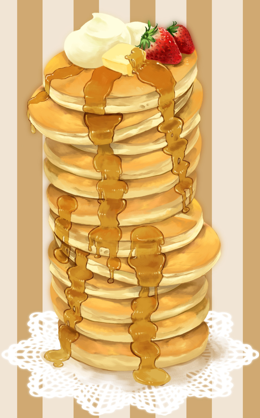 7_(kamaage) absurdres bad_id bad_pixiv_id butter food food_focus fruit highres no_humans pancake pancake_stack photoshop_(medium) still_life strawberry syrup too_many too_many_pancakes