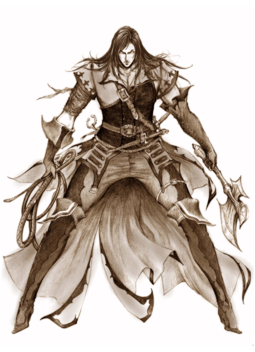 1boy absurdres axe brown_theme castlevania_(series) castlevania_iii:_dracula's_curse commentary_request daburoku gloves highres male_focus monochrome photoshop_(medium) simple_background solo trevor_c._belmont weapon whip white_background