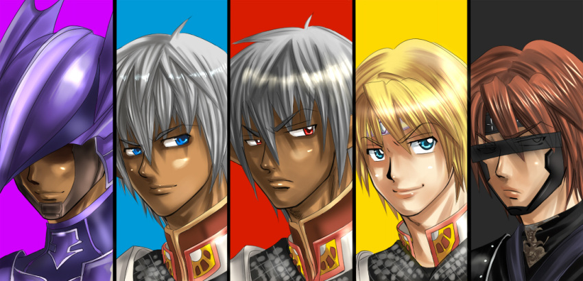 5boys armor blonde_hair blue_eyes brown_hair buront commentary_request dark-skinned_male dark_skin elf final_fantasy final_fantasy_xi final_tatsuya grey_hair helmet kitanai_ninja multiple_boys nagare pointy_ears red_eyes the_iron_of_yin_and_yang