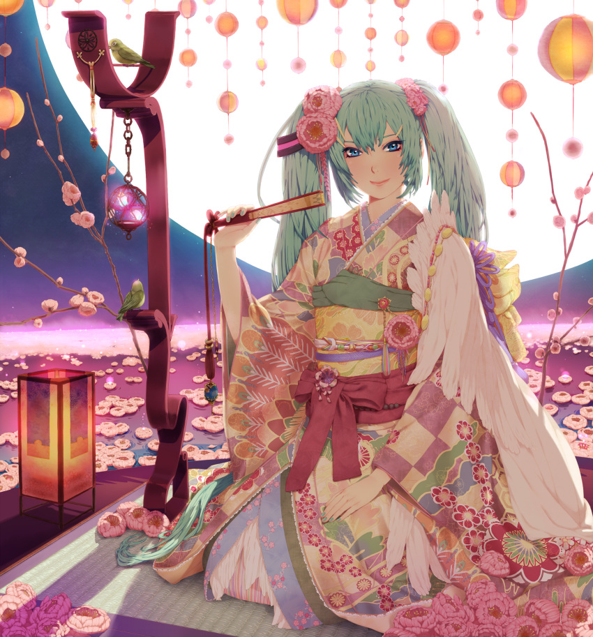 aqua_hair aqua_nails bad_link bird blue_eyes female hand_fan hatsune_miku highres japanese_clothes kimono long_hair moon nail_polish nayu night sitting smile solo twintails very_long_hair vocaloid water