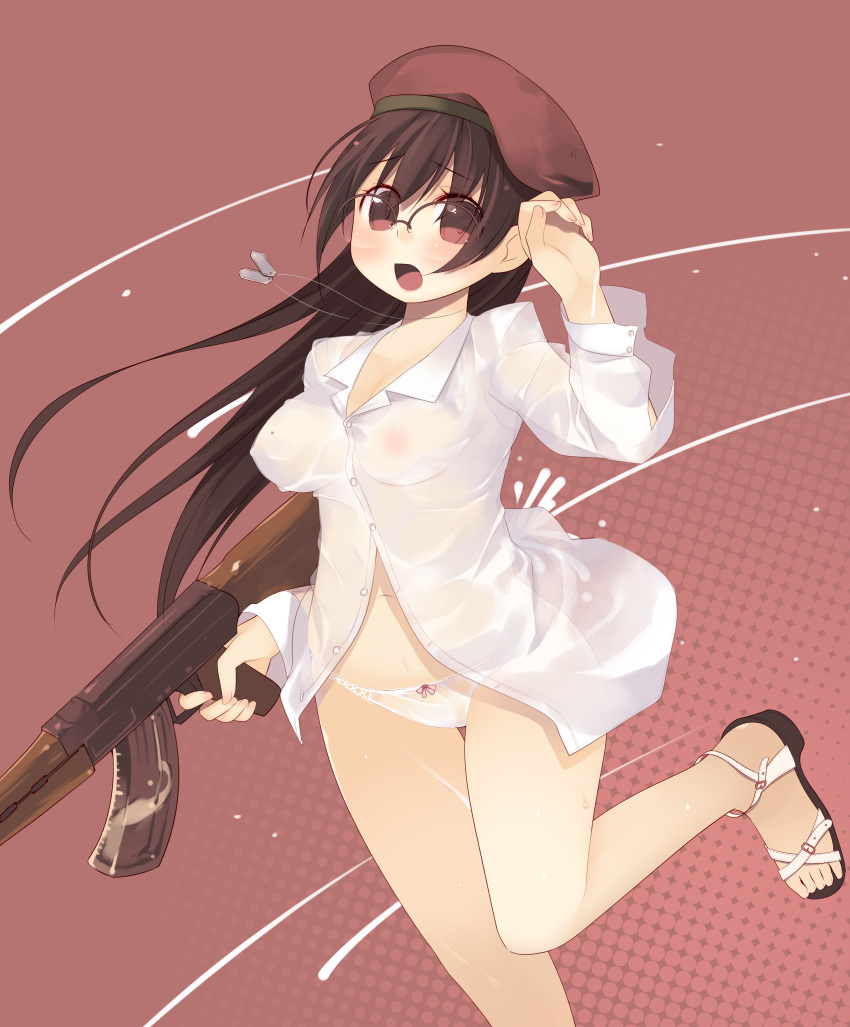 absurdres ak-47 arima_senne assault_rifle blush breasts brown_hair dog_tags female glasses gun hat highres jewelry kalashnikov_rifle kashiwamochi_yomogi legs long_hair medium_breasts mole mole_on_breast necklace no_bra no_pants original panties photoshop_(medium) red_eyes rifle sandals see-through shirt solo toes underwear water_gun weapon wet white_panties