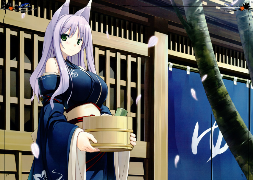 absurdres animal_ears bathhouse blue_kimono breasts bucket carrying detached_sleeves female fox_ears green_eyes highres huge_breasts japanese_clothes kimono momoyama_tsutsune original petals poco_(asahi_age) purple_hair scan solo