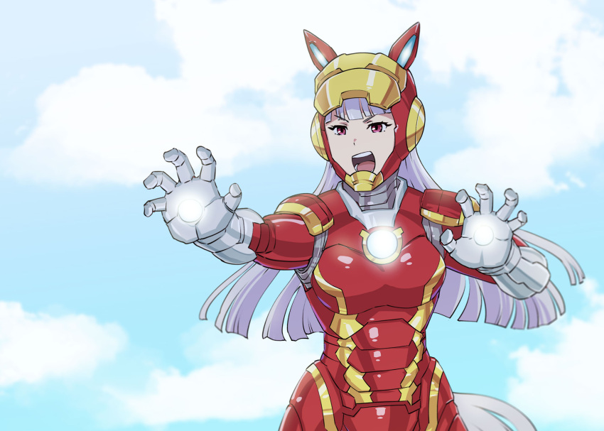 animal_ears armor blue_sky blunt_bangs cloud commentary_request cosplay female gold_ship_(umamusume) grey_hair highres horse_ears horse_girl horse_tail iron_man iron_man_(cosplay) long_hair marvel open_mouth power_armor purple_eyes sky solo standing tail ueyama_michirou umamusume