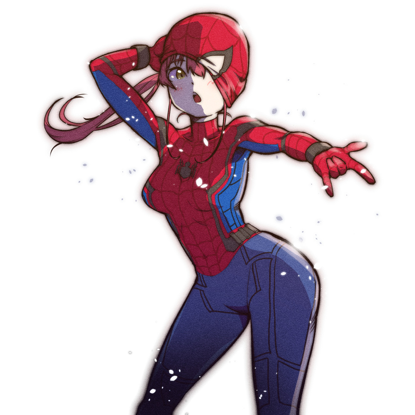 \m/ blush breasts brown_eyes commentary_request cosplay female floating_hair heterochromia highres hololive houshou_marine long_hair marvel marvel_cinematic_universe mask medium_breasts moto_oji-san one_eye_covered open_mouth red_hair removing_mask solo spider-man spider-man:_homecoming spider-man_(cosplay) spider-man_(series) virtual_youtuber white_background yellow_eyes