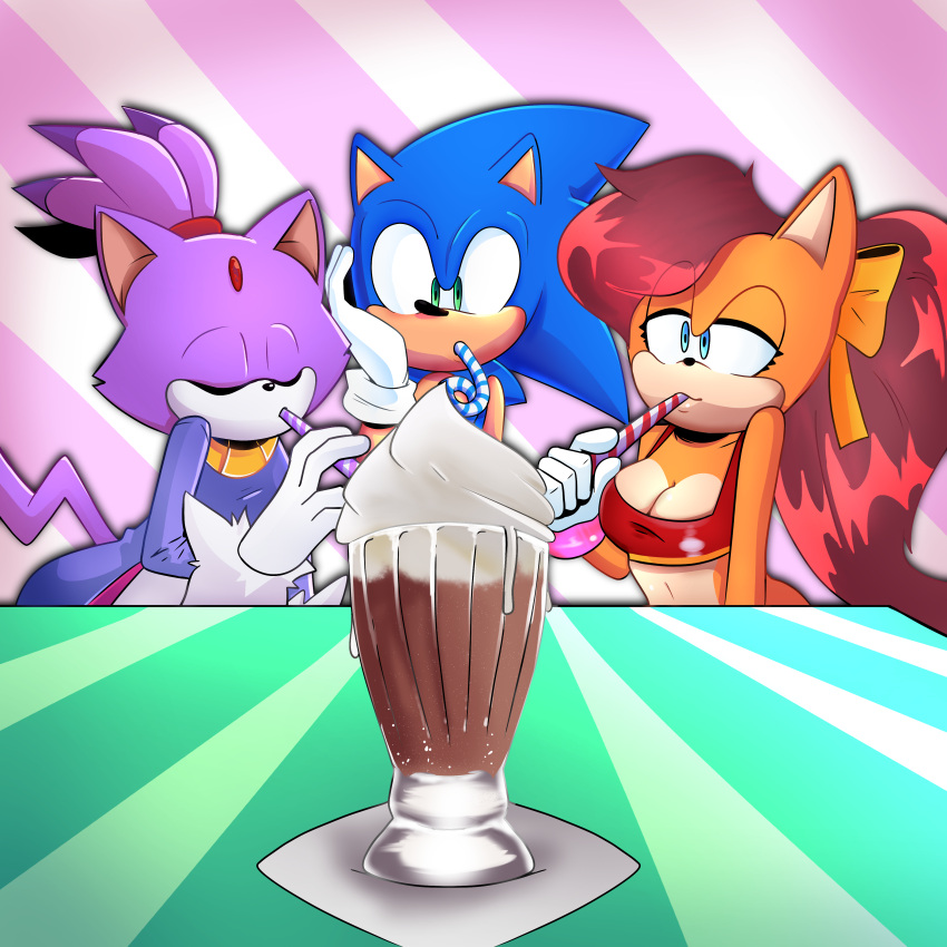 1:1 absurd_res anthro beverage blaze_the_cat blue_body blue_fur brown_hair clothed clothing domestic_cat drinking_straw eulipotyphlan felid feline felis female fur gloves green_eyes group hair handwear hedgehog hi_res male male/female mammal manx milkshake purple_body purple_fur sega sharing_milkshake silly_straw simple_background smile sonic_the_hedgehog sonic_the_hedgehog_(series) sonic_x-treme tiara_boobowski trio zettoart