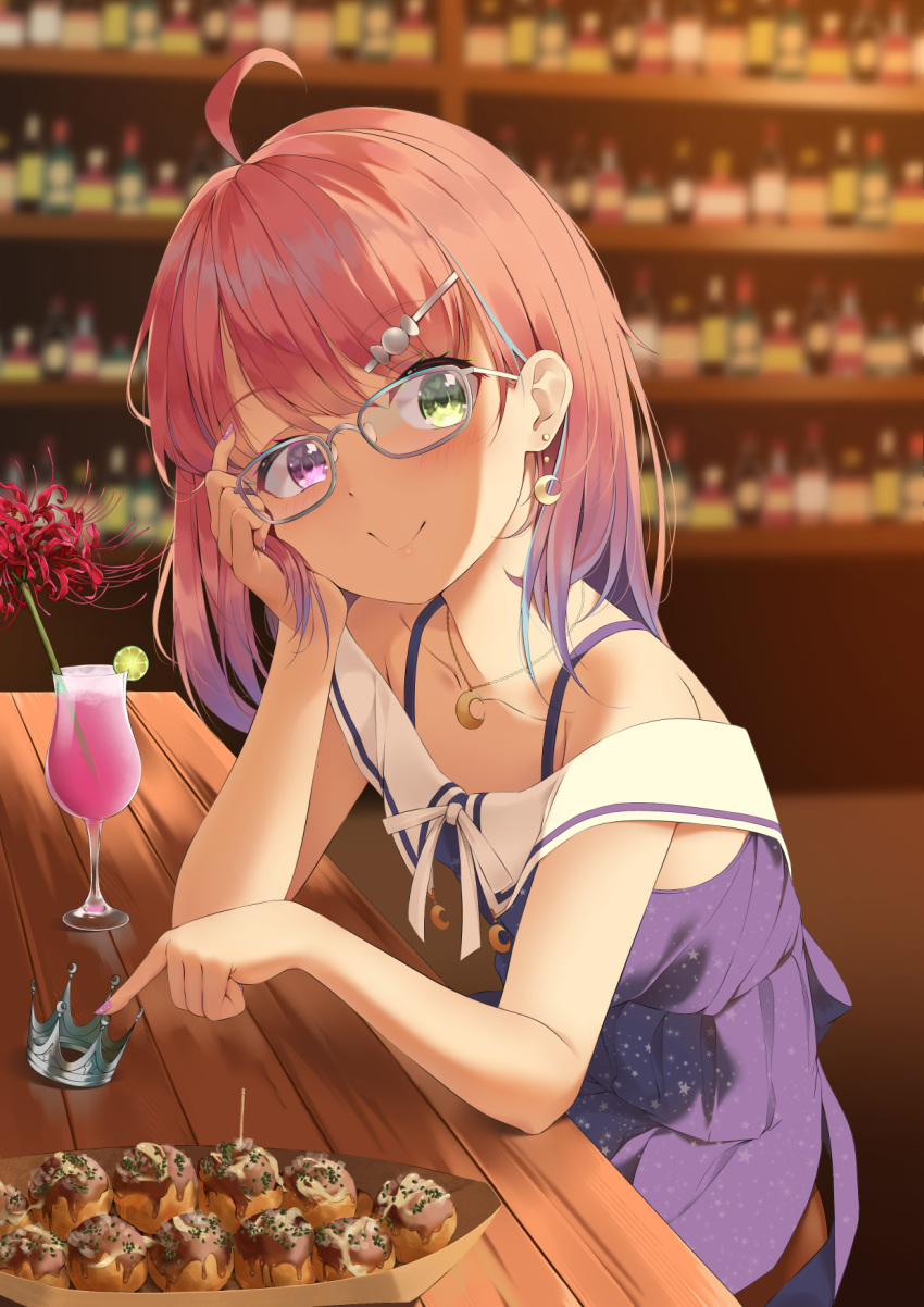 ahoge bare_shoulders blue_dress blurry bottle candy_hair_ornament collarbone crescent crescent_earrings crown depth_of_field dress earrings female food food-themed_hair_ornament glasses gorudazo hair_ornament head_rest heterochromia highres himemori_luna himemori_luna_(sundress) hololive jewelry looking_at_viewer mini_crown nail_polish official_alternate_costume sitting smile solo starry_sky_print table takoyaki unworn_crown virtual_youtuber wine_bottle wooden_table