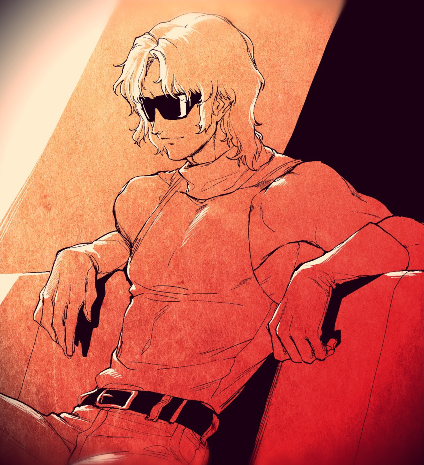 1boy bare_shoulders belt char_aznable gloves gundam highres male_focus oliolio quattro_bajeena short_hair sitting smile solo sunglasses sweater turtleneck turtleneck_sweater zeta_gundam