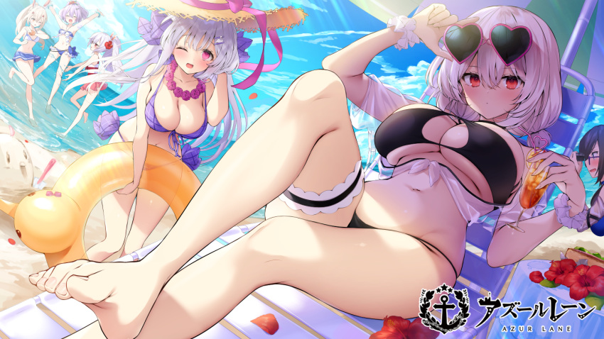 6+girls ark_royal_(azur_lane) ark_royal_(coast_watcher)_(azur_lane) arm_up arms_up ayanami_(azur_lane) azur_lane bare_shoulders barefoot beach beach_umbrella bikini binoculars black_bikini black_hair blue_skirt blue_sky breasts closed_mouth copyright_name cup cygnet_(azur_lane) cygnet_(sea_star_on_shore)_(azur_lane) day drinking_straw eyewear_on_head feet flower foreshortening hair_between_eyes hair_flower hair_ornament hand_up hat hat_ribbon headgear heart heart-shaped_eyewear holding holding_cup holding_swim_ring horizon innertube javelin_(azur_lane) javelin_(beach_picnic!)_(azur_lane) knee_up laffey_(azur_lane) large_breasts leaning_forward long_hair looking_at_viewer manjuu_(azur_lane) multiple_girls navel navy_(navy.blue) ocean official_alternate_costume official_art one_eye_closed open_mouth outdoors pink_eyes pink_ribbon purple_bikini purple_hair red_eyes red_flower red_skirt ribbon sand_sculpture scrunchie see-through sirius_(azur_lane) sirius_(scorching-hot_seirios)_(azur_lane) skirt sky smile standing standing_on_one_leg straw_hat sunglasses swim_ring swimsuit thighs umbrella underboob white_bikini white_hair wrist_scrunchie