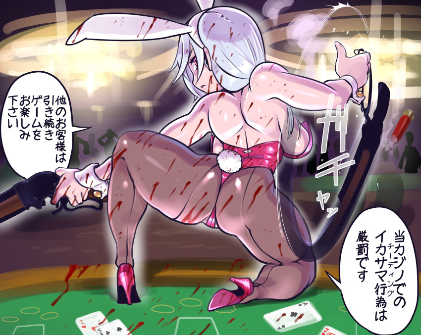 absurdres animal_ears ass back back-seamed_legwear bare_shoulders blood blood_on_clothes blood_on_face breasts bullet card casino_card_table commentary_request dual_wielding fake_animal_ears female gun high_heels highres holding holding_gun holding_weapon leotard long_hair looking_at_viewer looking_back minami_aomori on_one_knee original pantyhose pink_footwear playboy_bunny playing_card purple_eyes rabbit_ears rabbit_tail seamed_legwear solo_focus spread_legs table tail thong_leotard translated weapon white_hair wrist_cuffs