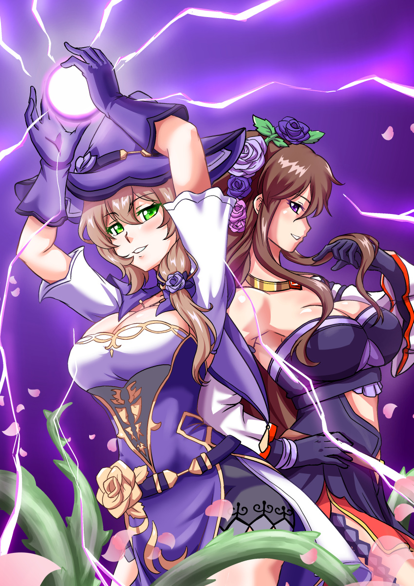 2girls absurdres adjusting_hair arms_up atawatsho bare_shoulders belt breasts brown_hair cleavage collarbone commentary crossover detached_sleeves dress energy_ball english_commentary eyes_visible_through_hair flower genshin_impact gloves granblue_fantasy green_eyes hair_between_eyes hair_flower hair_ornament hand_on_own_hip hat highres jewelry large_breasts lightning lisa_(genshin_impact) long_hair looking_at_viewer looking_to_the_side low-tied_long_hair multiple_girls necklace parted_lips petals purple_background purple_eyes purple_flower purple_gloves purple_rose rose rose_petals rosetta_(granblue_fantasy) sidelocks simple_background smile strapless strapless_dress tanaka_rie thorns trait_connection voice_actor_connection witch_hat