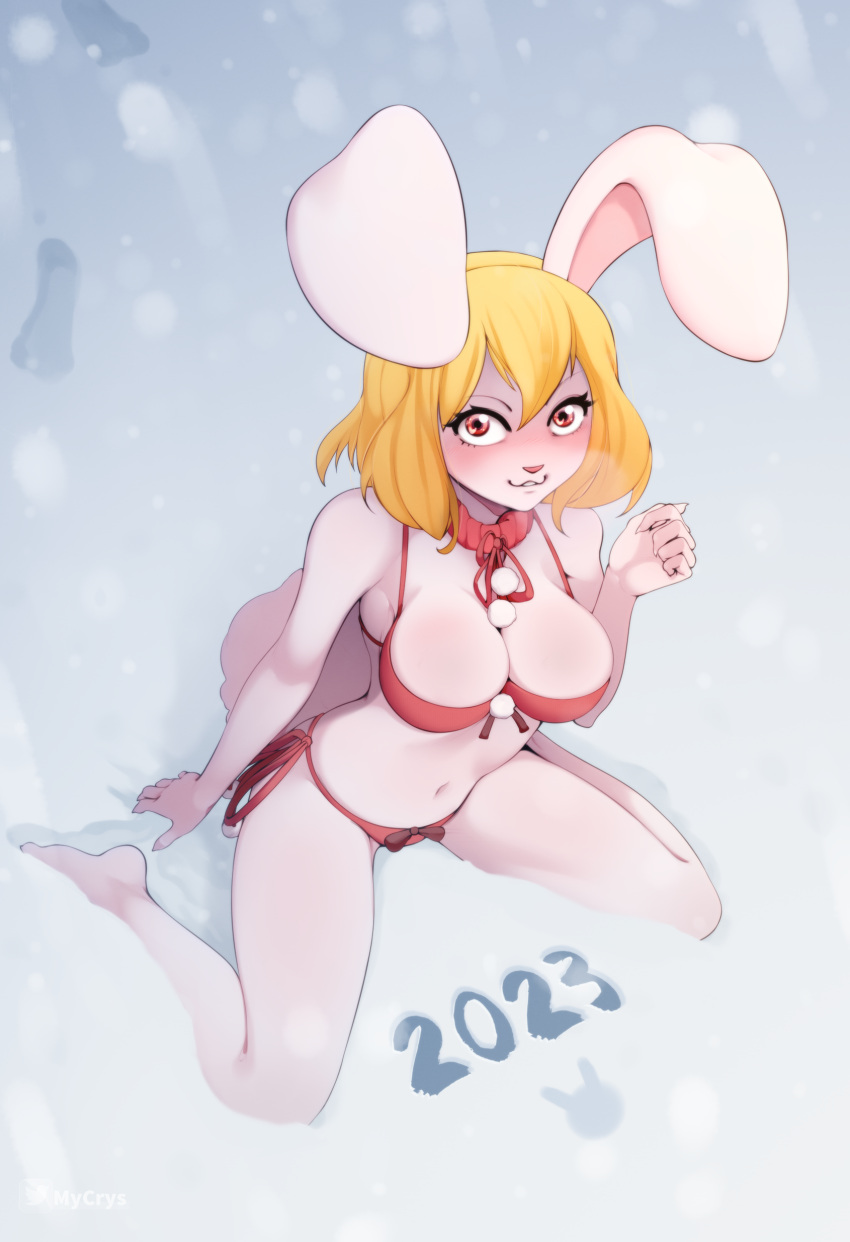 2022 absurd_res anthro blush carrot_(one_piece) digital_media_(artwork) eyebrows eyelashes feet female fingers hair hi_res humanoid_feet long_ears looking_at_viewer mammal minkmen_(one_piece) mycrys one_piece plantigrade snow solo tagme