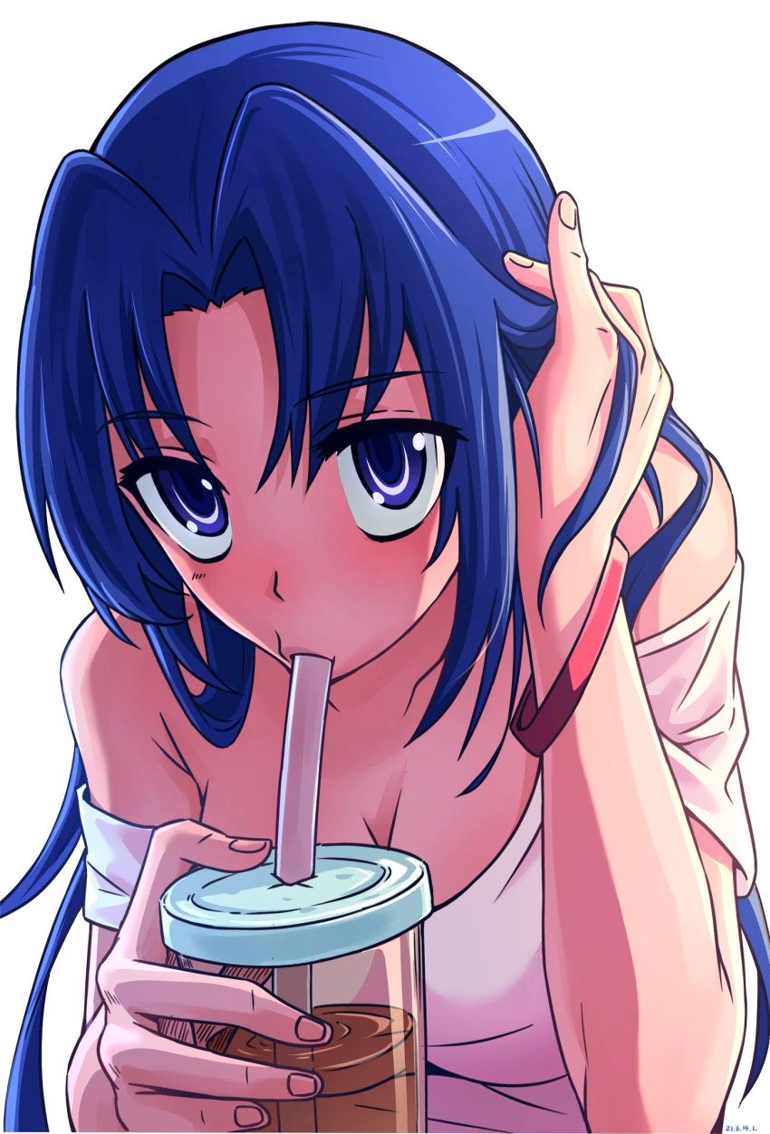 :>= blue_eyes blue_hair breasts cleavage commentary cup female highres holding holding_cup kawashima_ami large_breasts long_hair looking_at_viewer off-shoulder_shirt off_shoulder royl shirt short_sleeves simple_background solo toradora! tucking_hair upper_body white_background white_shirt wristband